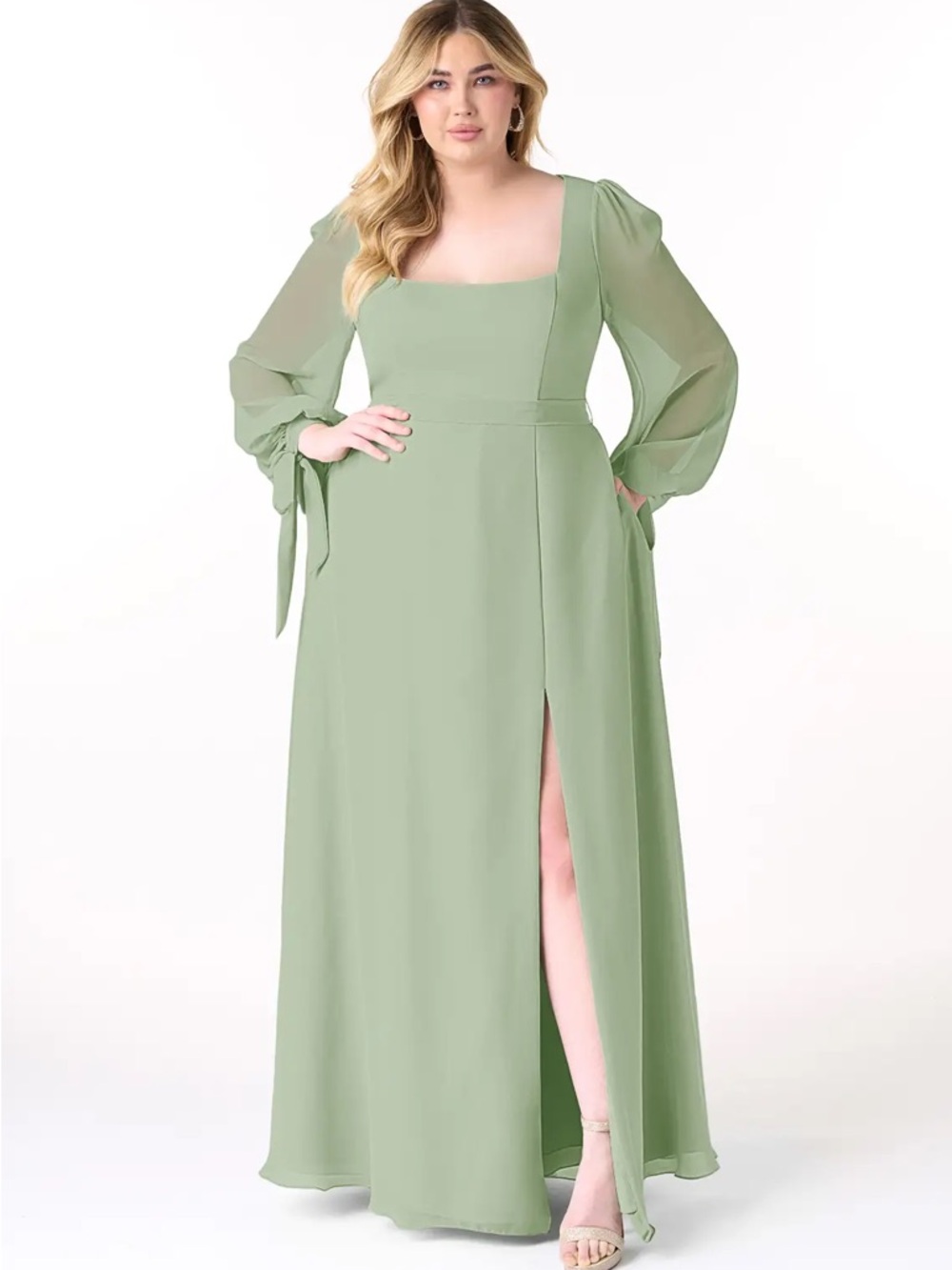 Azazie Leonia A24 Plus Size Sage Green Square Neck Maxi Dress with Sleeves